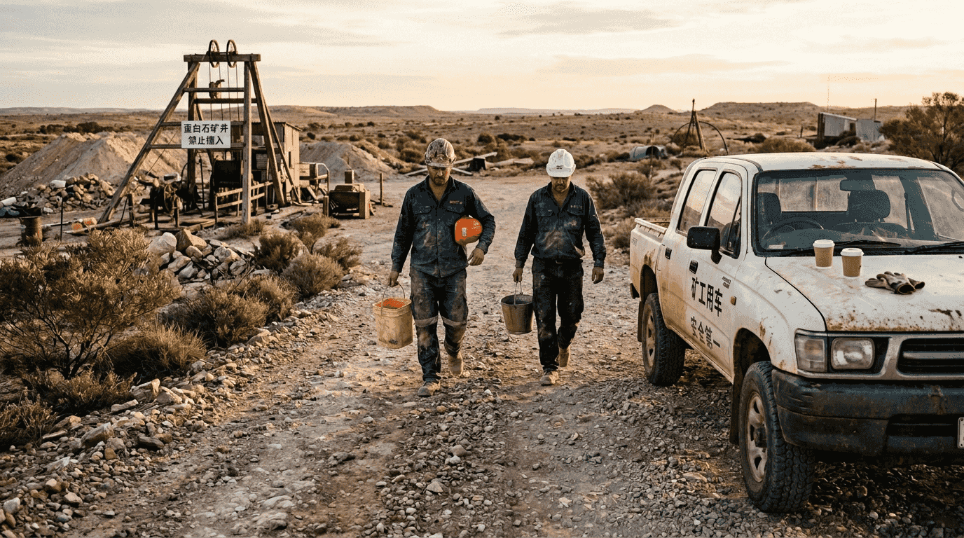澳大利亚的欧泊矿工们结束了上午的工作，准备离开矿区休息。