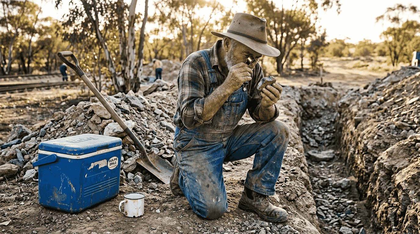 Ein Opal-Sucher begutachtet aufmerksam einen gefundenen Stein auf einem felsigen Gelände.