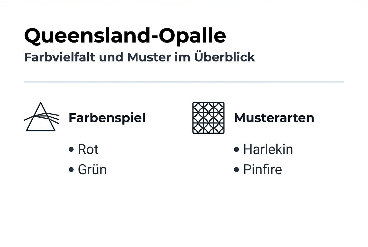 Übersichtsgrafik zu tangierenden Farben und Mustern australischer Queensland-Opale