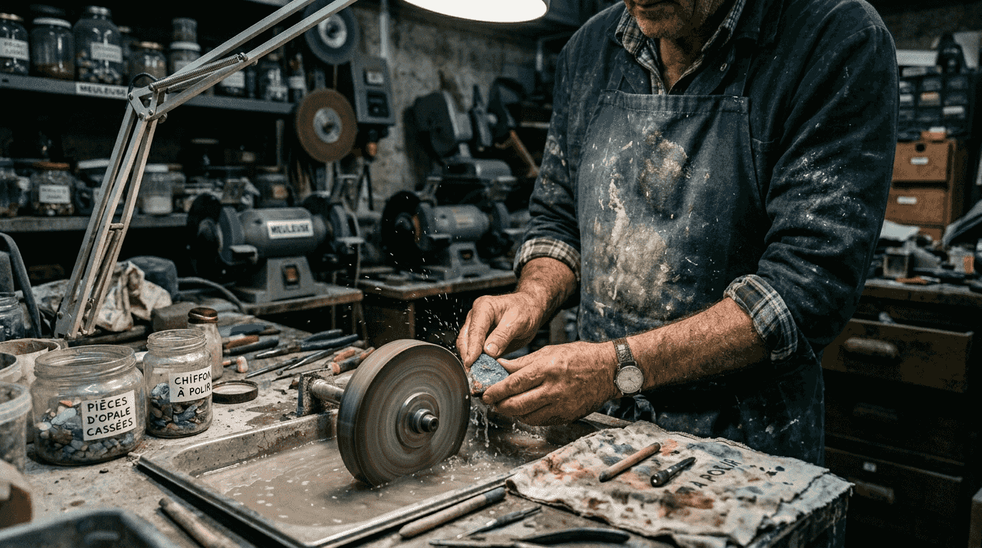 Un lapidaire en pleine taille d’une opale sur son établi