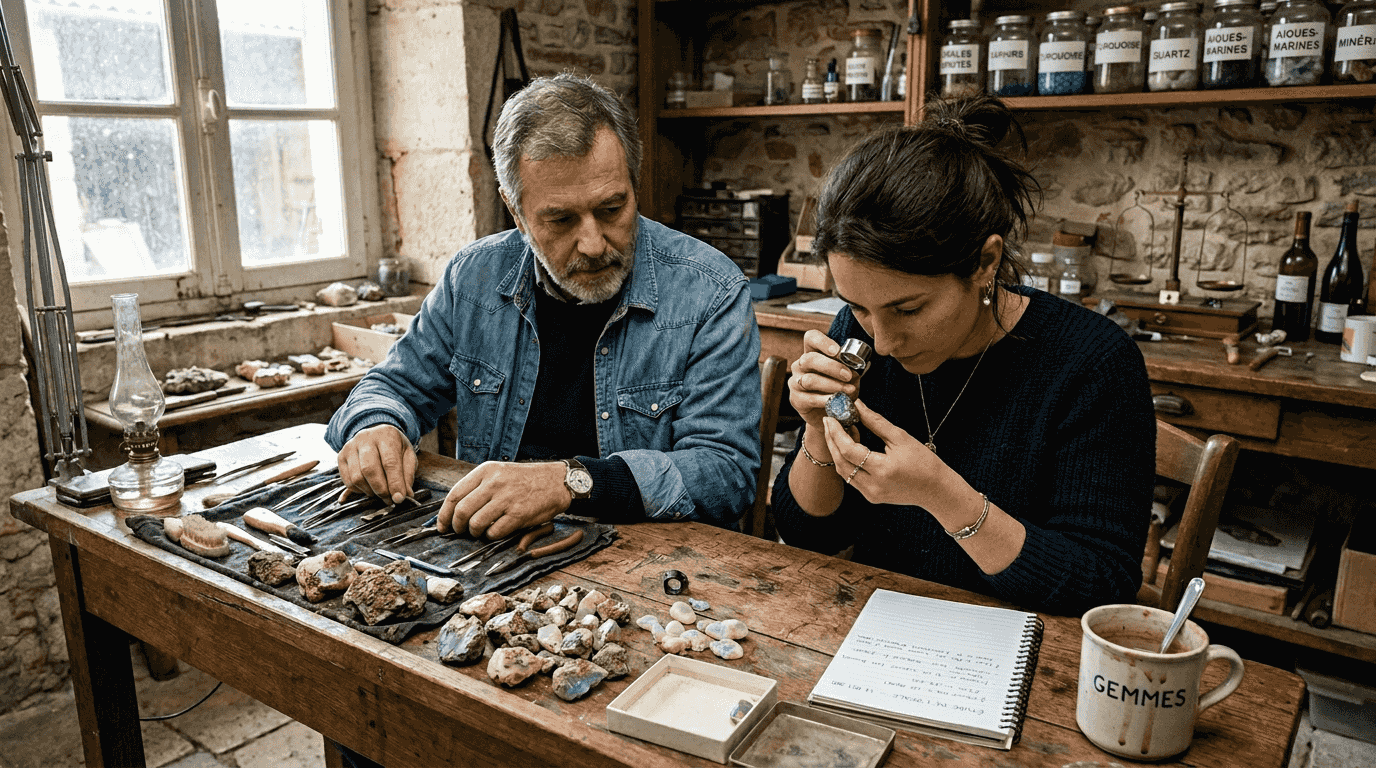 Des gemmologues analysent des opales brutes dans leur atelier.