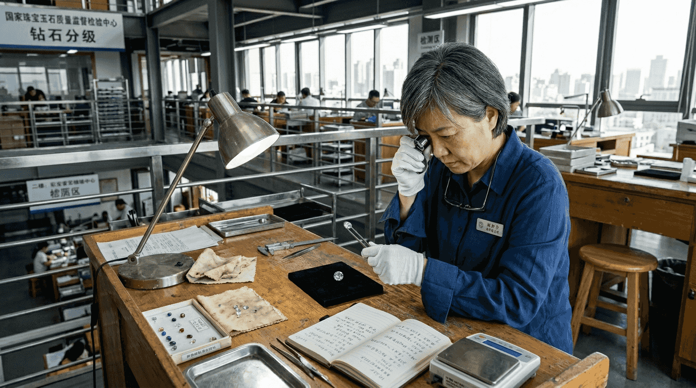 钻石鉴定师正坐在工作台前，仔细审视钻石的切工细节。