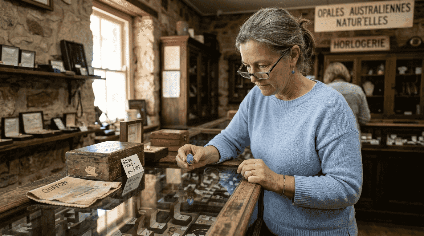 Une créatrice de bijoux observe attentivement une opale provenant d’Australie.