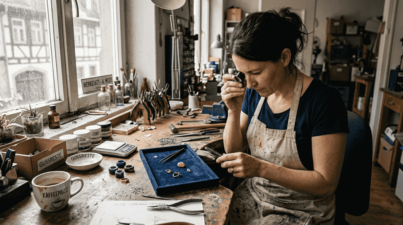 Ein Schmuckdesigner begutachtet sorgfältig Opale und Diamanten, um deren Qualität und Besonderheiten zu prüfen.