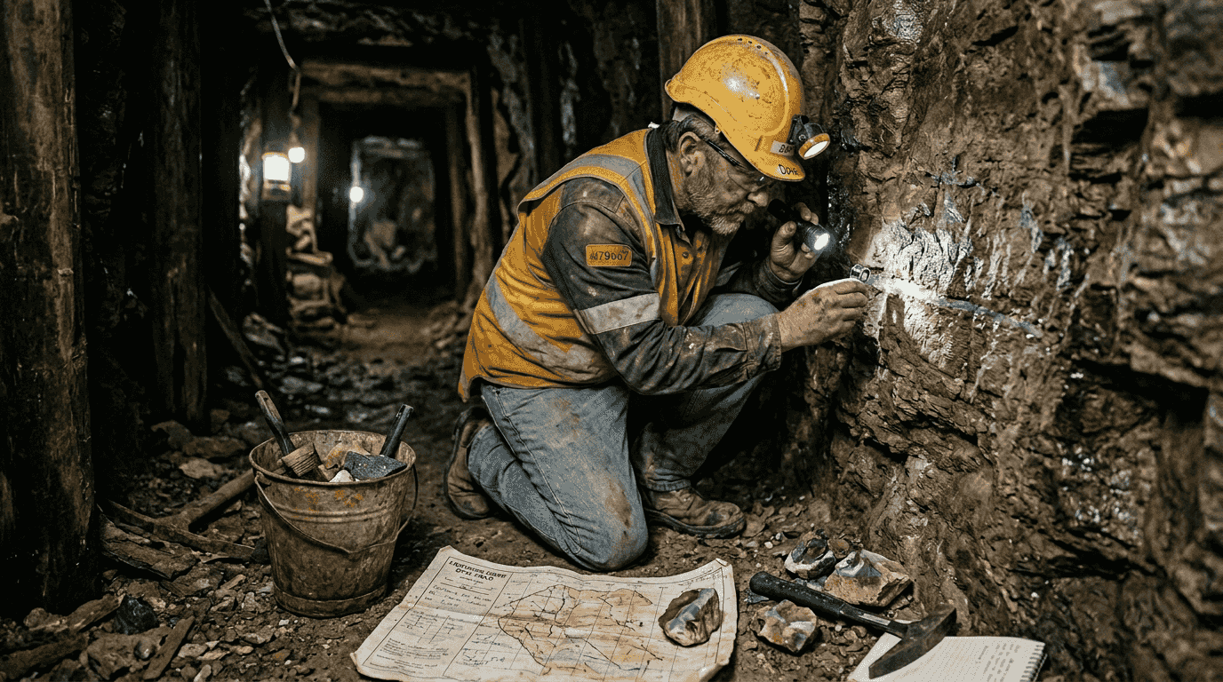 Technician inspecting opal seam in tunnel