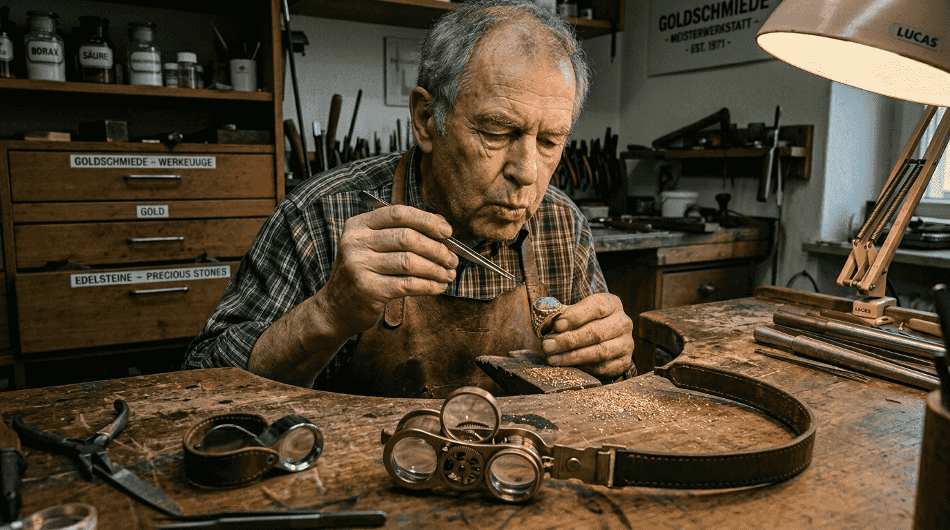 Ein Goldschmied fertigt eine Ringfassung aus Gold für einen Opal an.