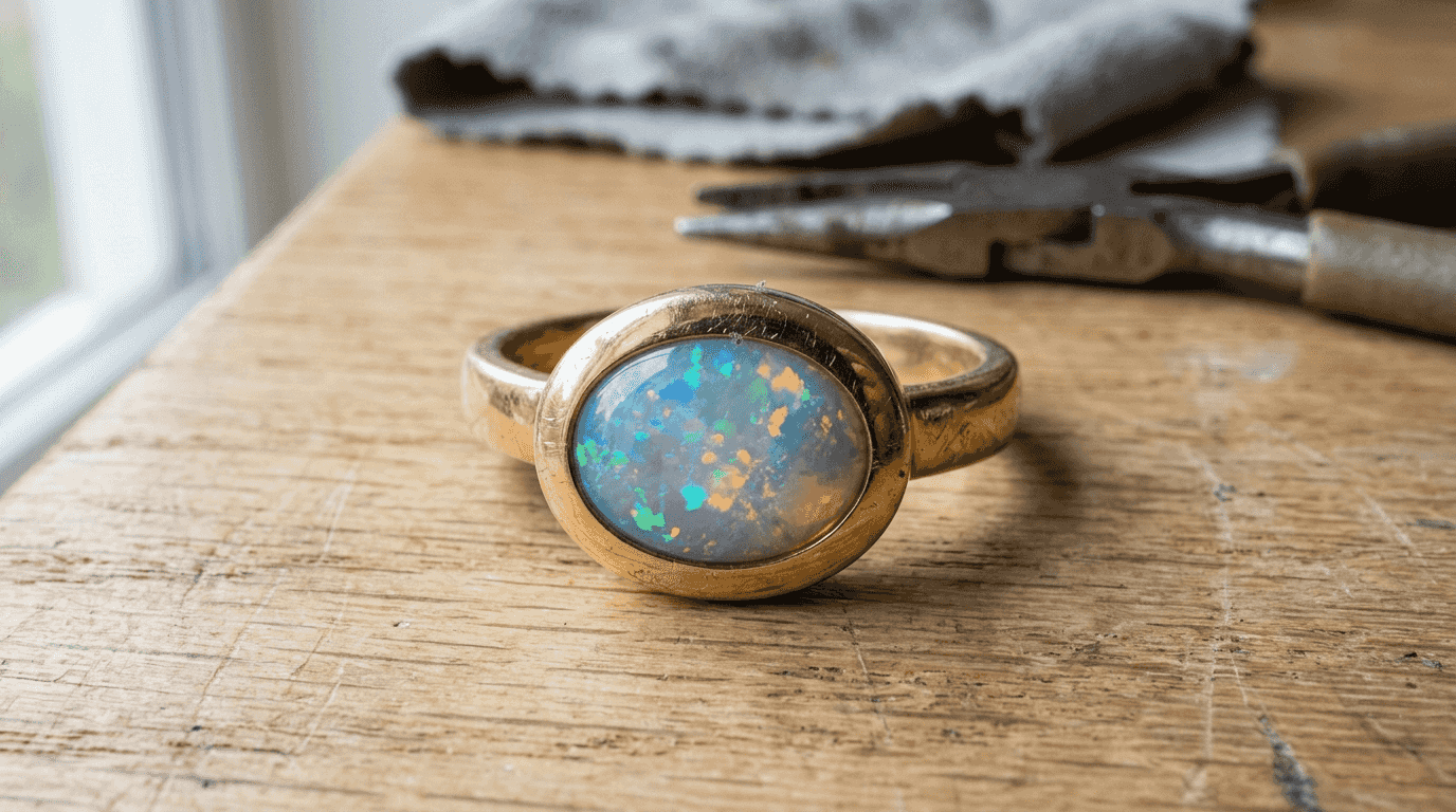 Detailansicht: Opal in eleganter Goldfassung