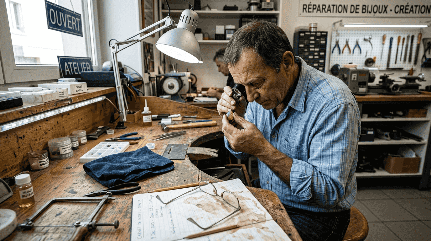 Un homme observe attentivement une opale à l’aide d’une loupe.