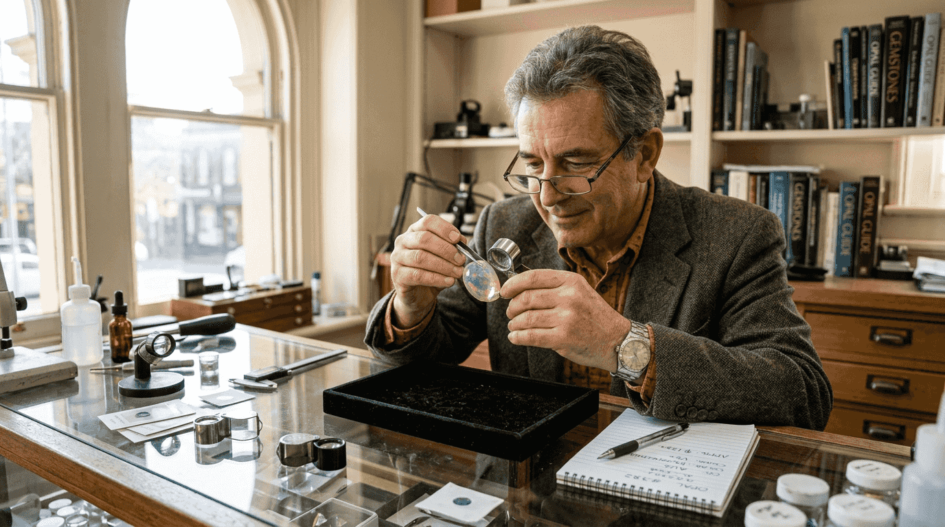 Appraiser studying transparent opal on tray