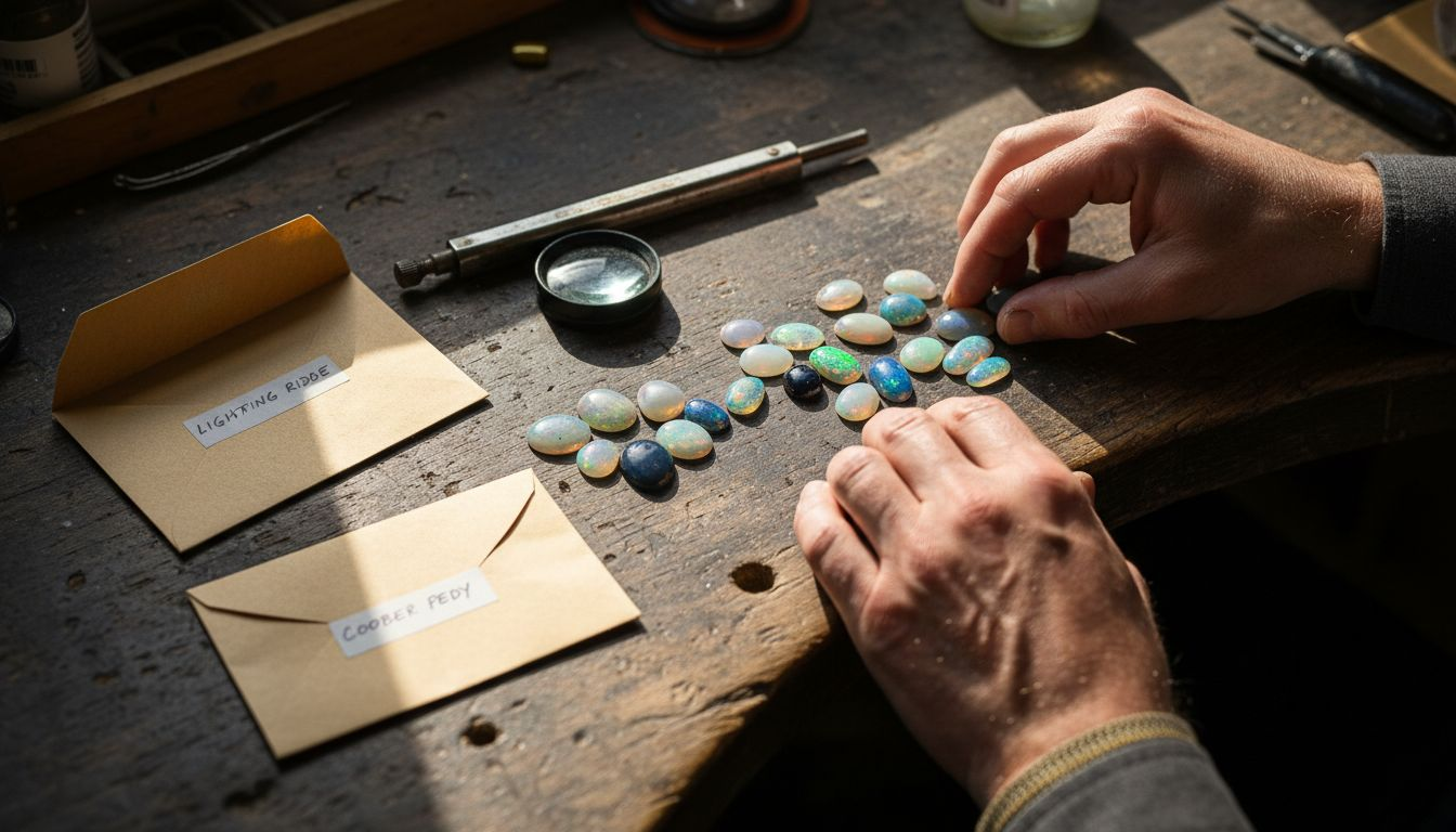 Jeweler sorts opals by tone and transparency