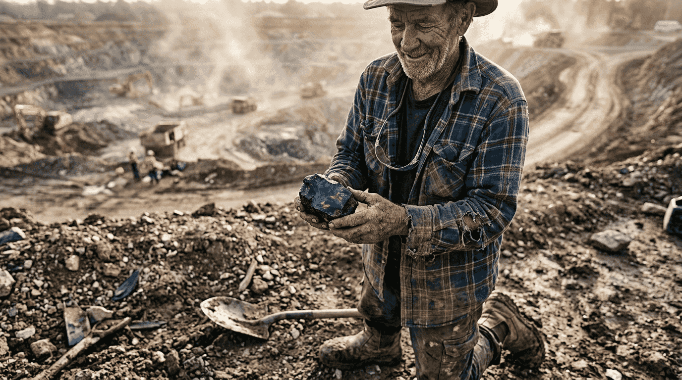 Ein Bergarbeiter präsentiert stolz einen schwarzen Opal, den er gerade an der Fundstelle geborgen hat.