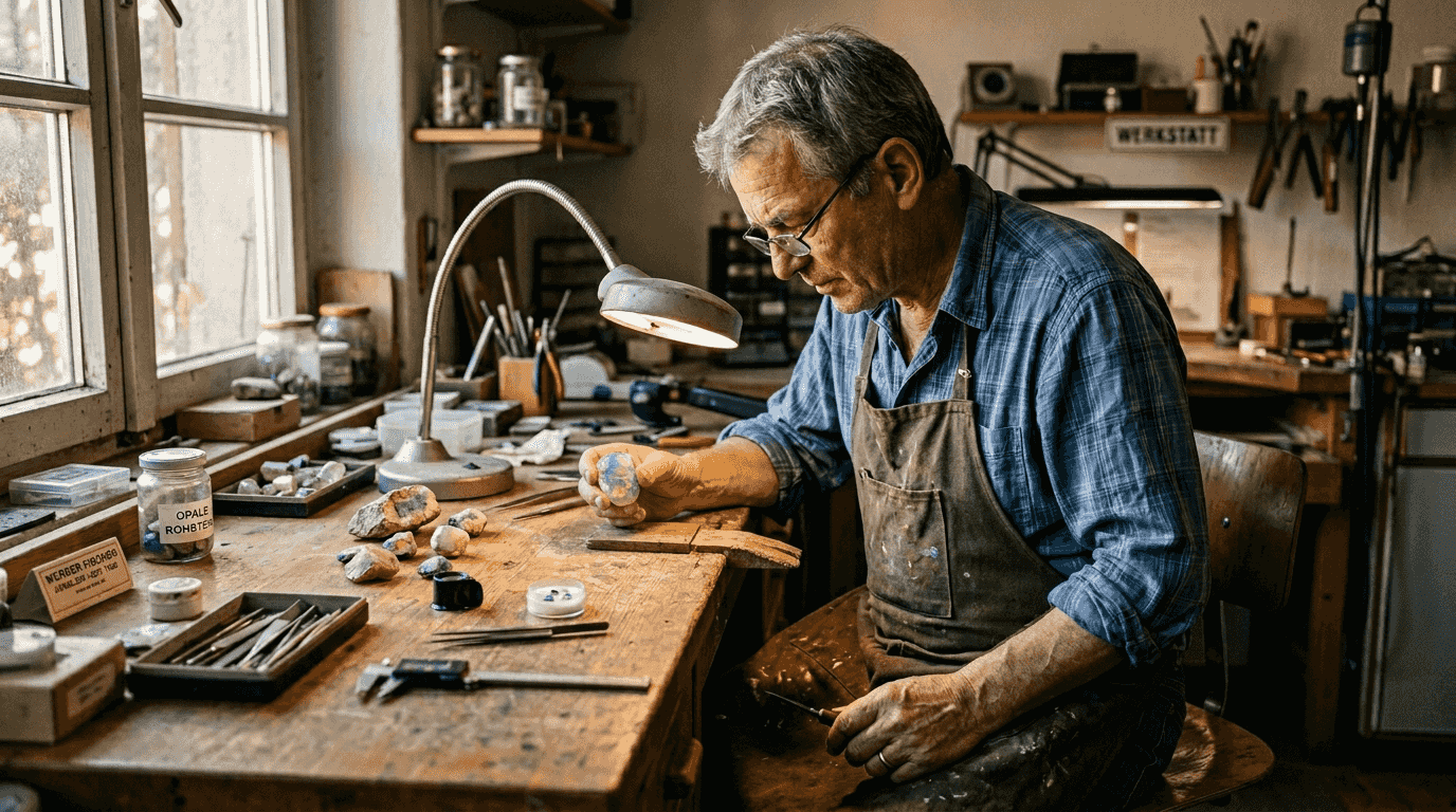 Ein Juwelier begutachtet die schillernden Farbtöne eines Opals.