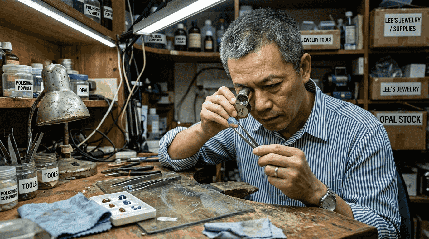 珠宝匠正在工作台上仔细鉴定欧泊的真伪。