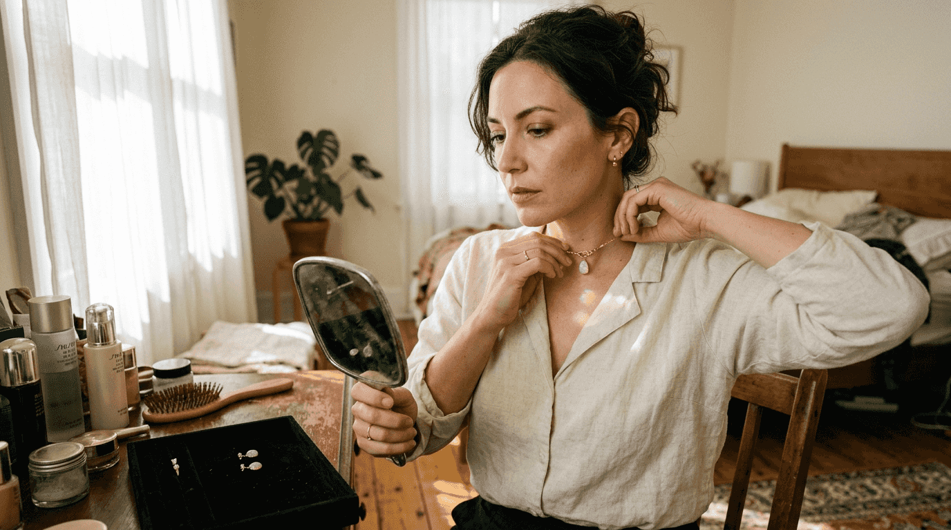 一位女士在梳妆台前细心佩戴着一条低调的欧泊项链。