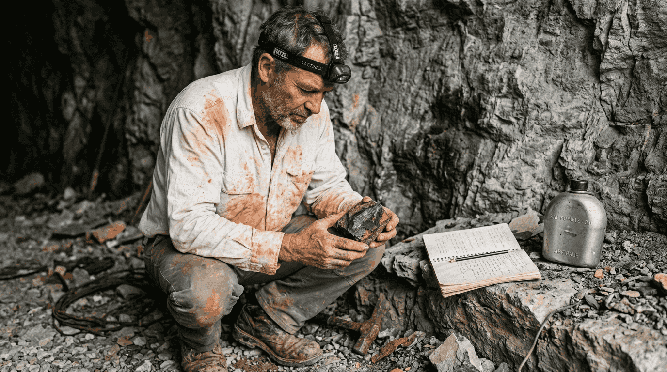 Un géologue se penche sur l’analyse d’un gisement d’opale semi-noire.