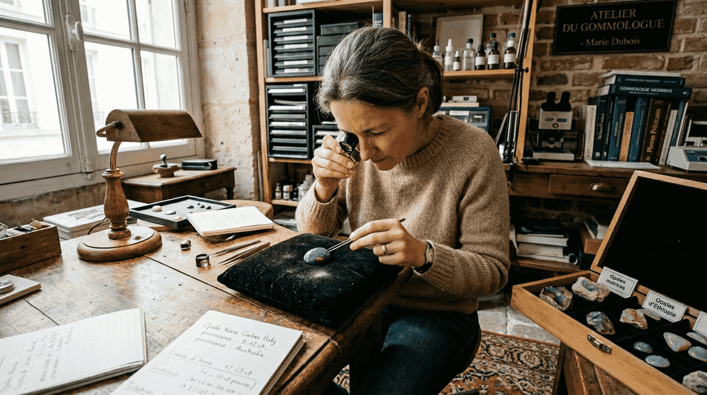 Analyse minutieuse d’une opale semi-noire par un expert en gemmologie