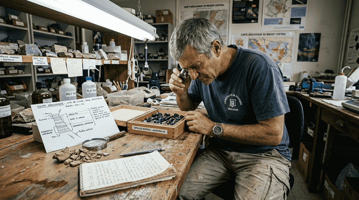 Un géologue observe attentivement des opales tout en étudiant une coupe géologique.