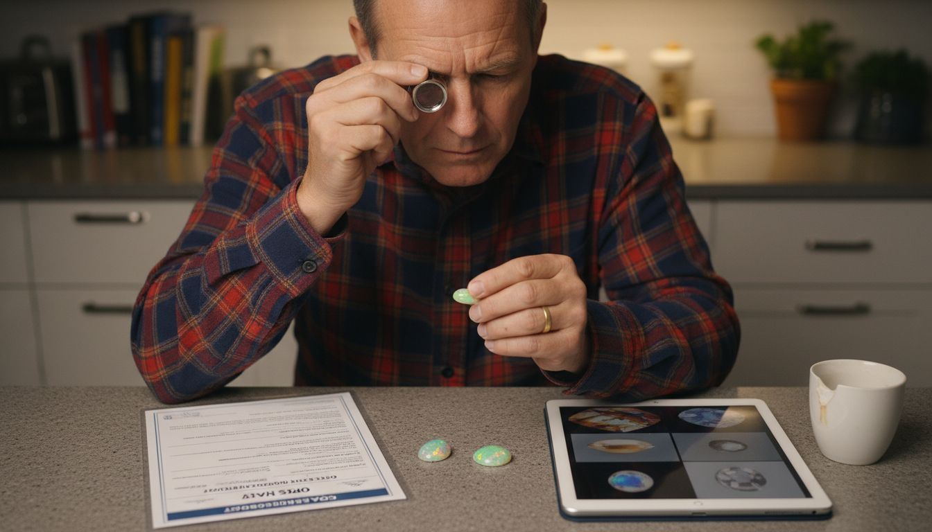 Buyer inspecting opal certificates at kitchen counter