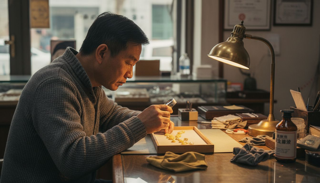 专家正在用放大镜仔细鉴别黄金和澳宝的真伪与品质。
