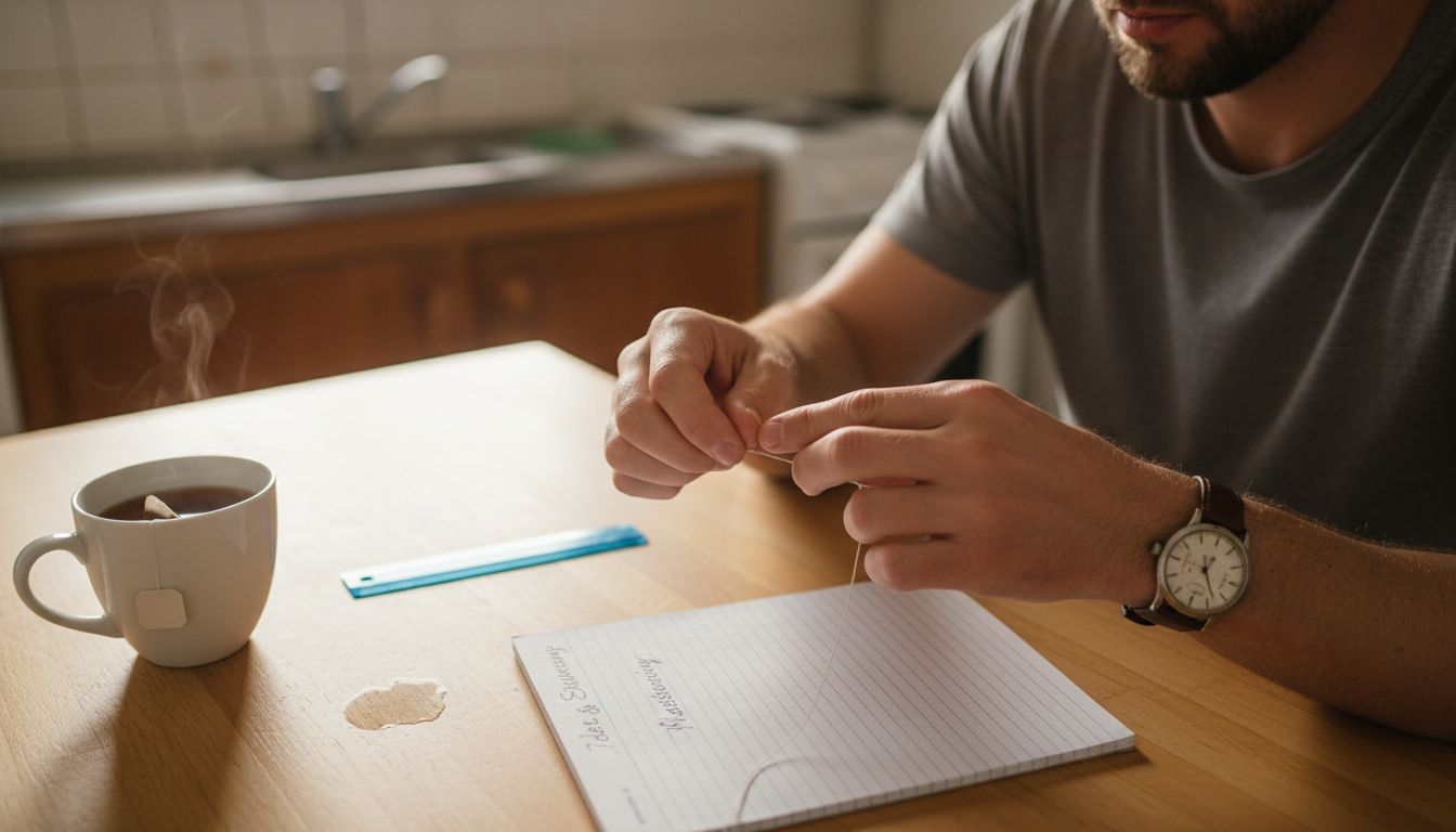Um die richtige Größe für den Opalring zu ermitteln, wird der Finger mit einem Faden ausgemessen.
