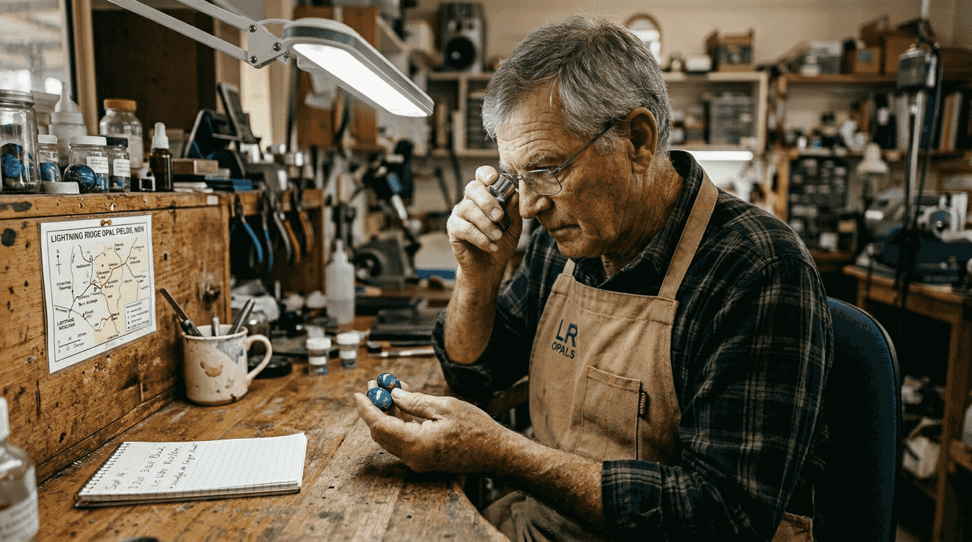 Jeweler comparing black opal sources