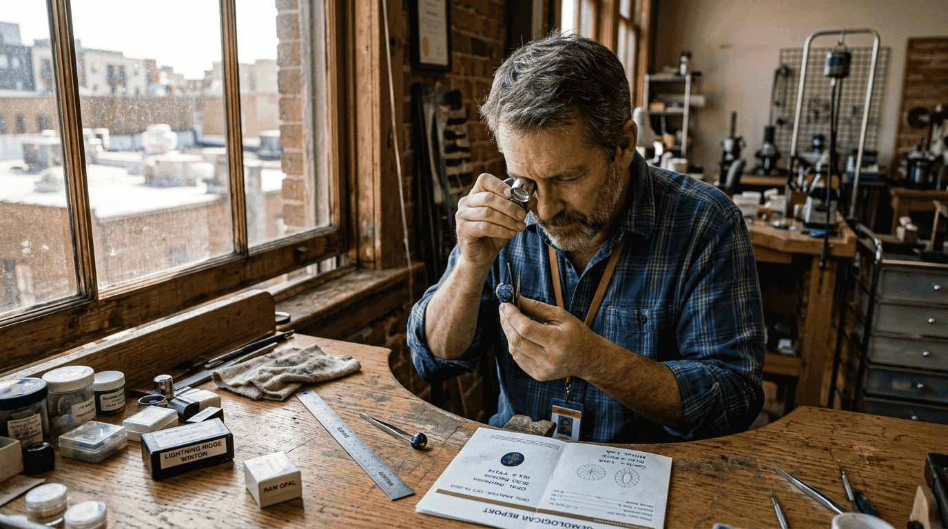 Gemologist appraising black opal at bench