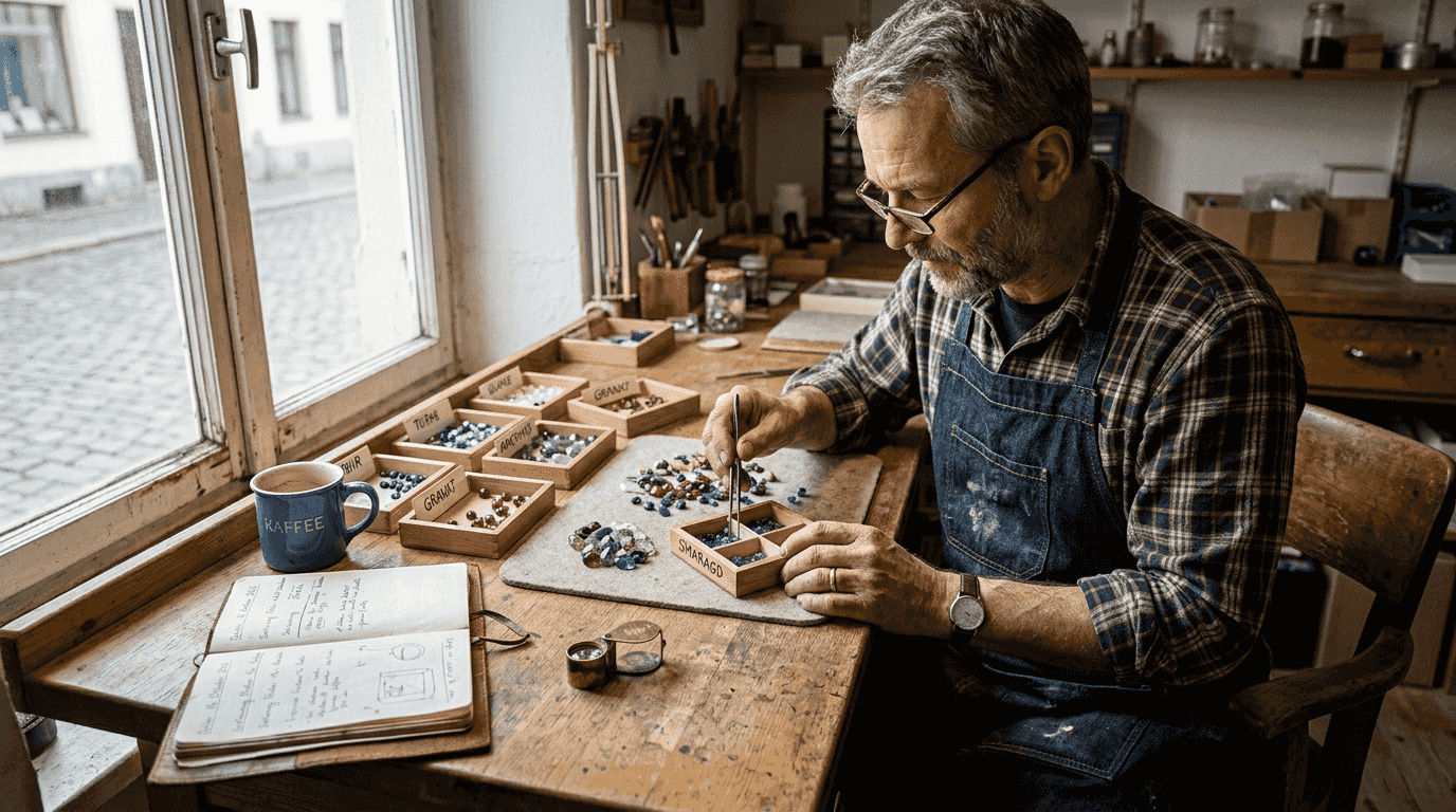 Ein erfahrener Handwerker wählt mit viel Sorgfalt Edelsteine aus, die aus verantwortungsvollen Quellen stammen.