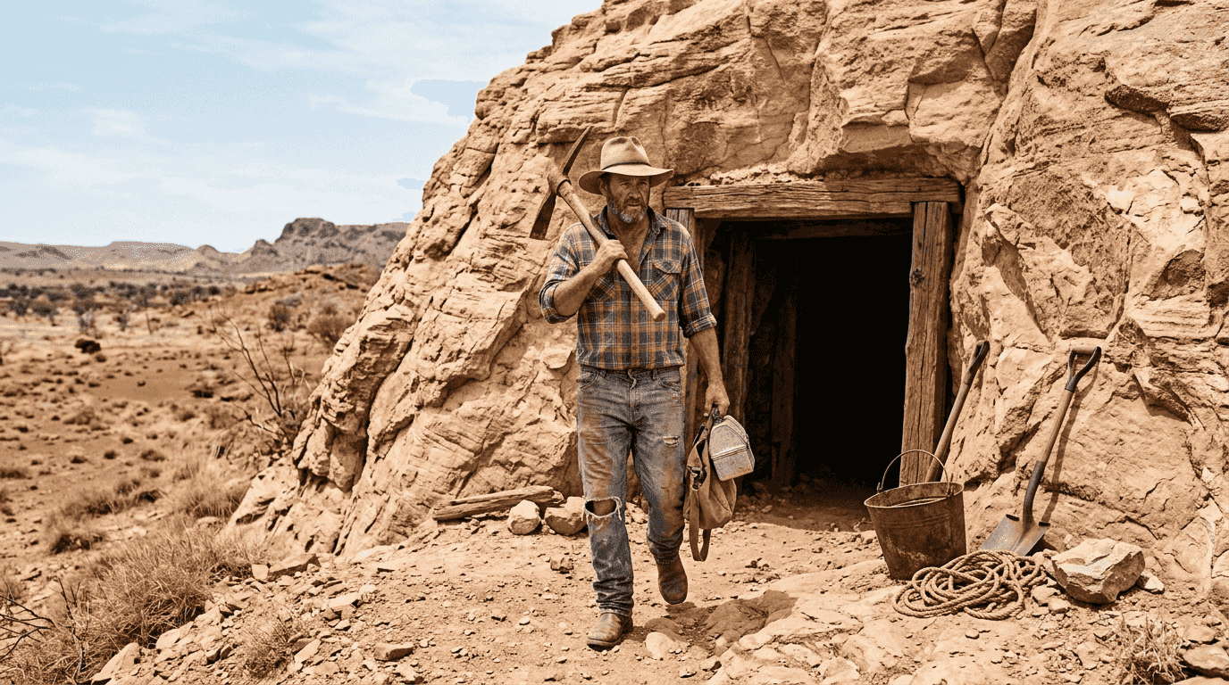 Un mineur d’opale émerge de la fraîcheur de la mine pour se retrouver sous le soleil écrasant du désert australien.