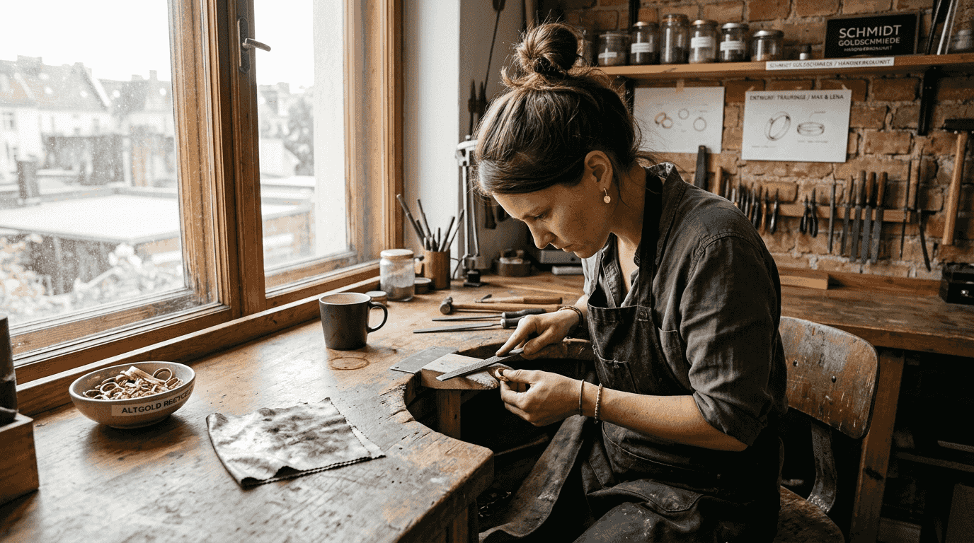 Goldschmiedin in einer nachhaltig arbeitenden Schmuckwerkstatt