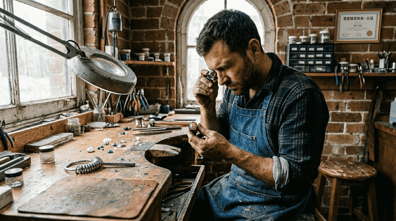 在阳光洒满的工作室里，珠宝匠正细心端详一枚蛋白石。