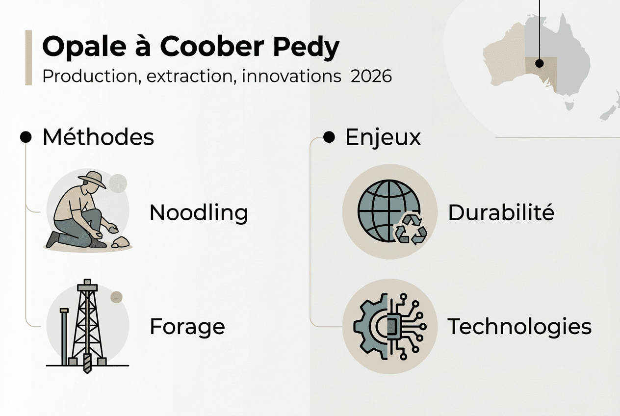 Découvrez en un coup d'œil la chaîne de production de l'opale, de son extraction jusqu'aux enjeux qui entourent cette pierre précieuse.