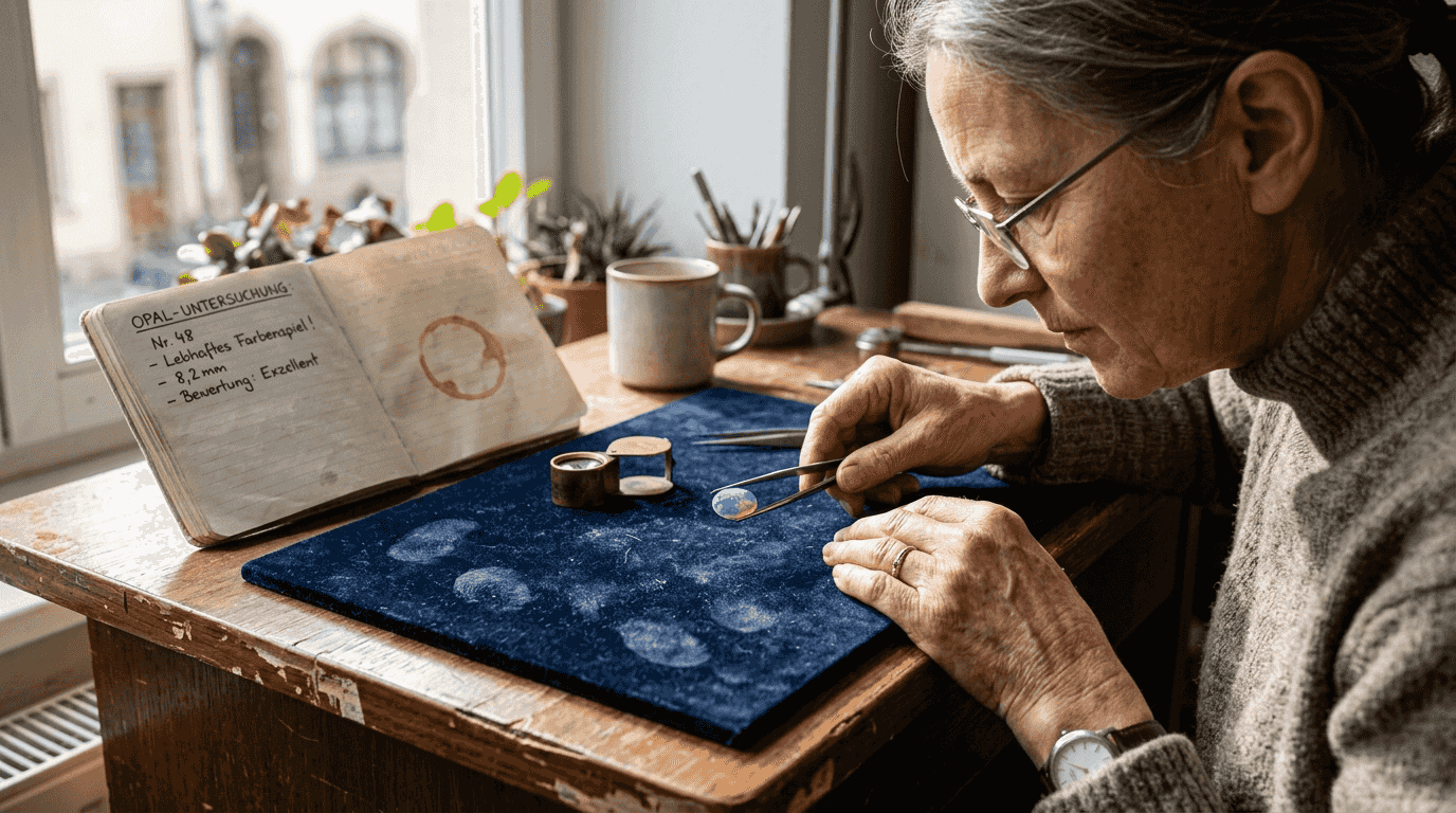 Ein Juwelier begutachtet das faszinierende Farbenspiel eines Opals aus nächster Nähe.