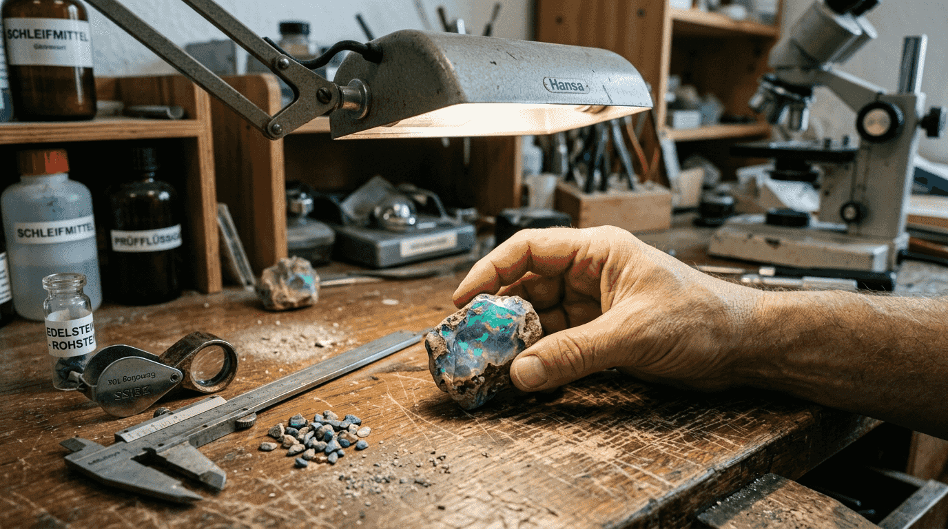 Ein unbearbeiteter Opal liegt in der Hand eines Edelsteingutachters.