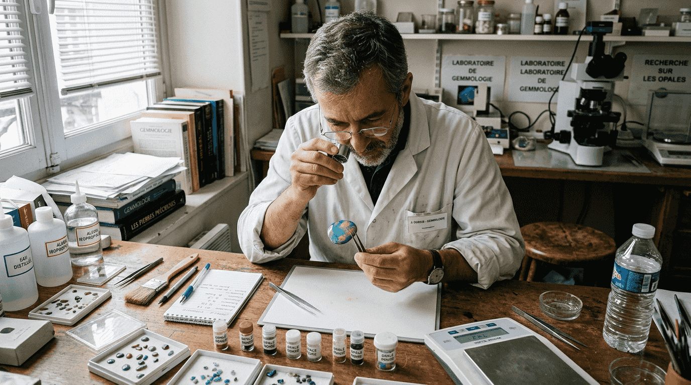 Un gemmologue observe attentivement un échantillon d’opale à la loupe.