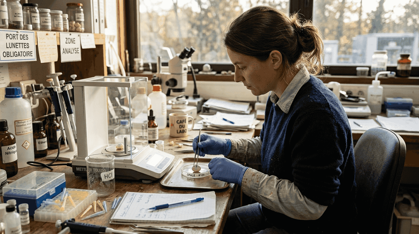 Un technicien de laboratoire s’affaire à préparer un échantillon d’opale.