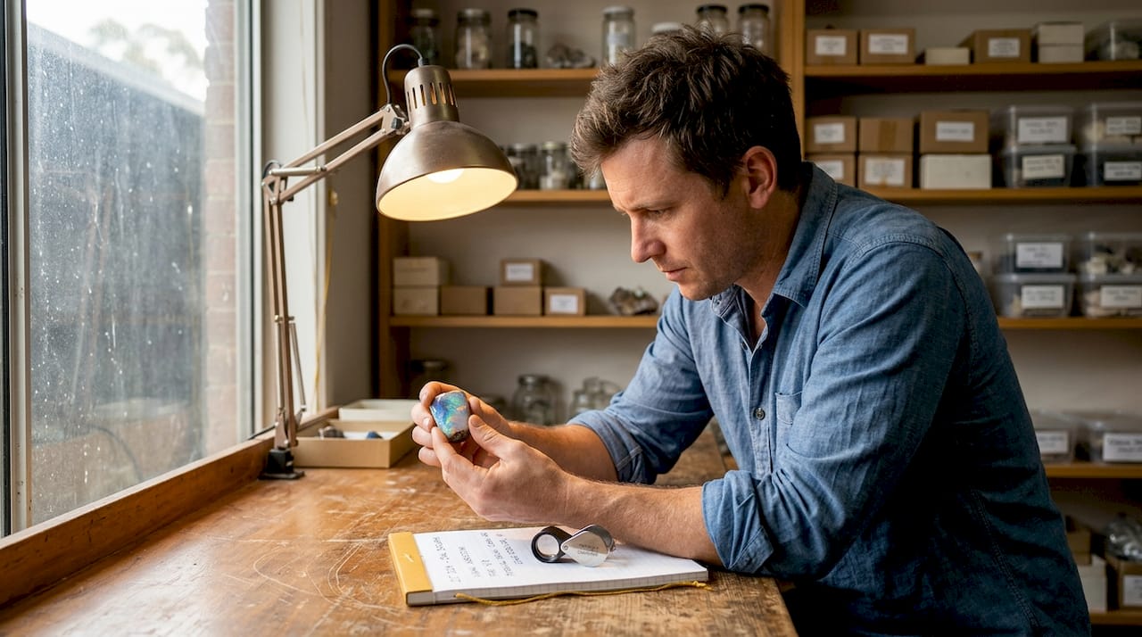 Gemologist examining solid opal in workshop