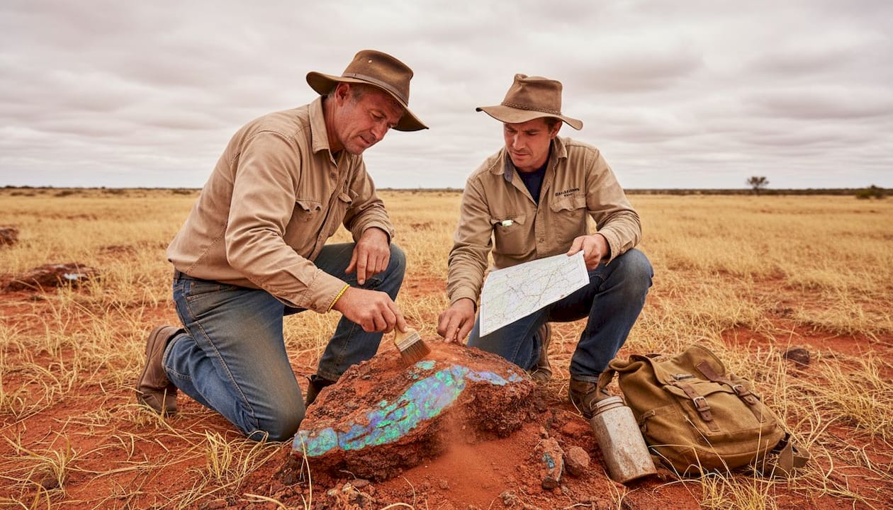 Australian miners uncovering opal vein outdoors