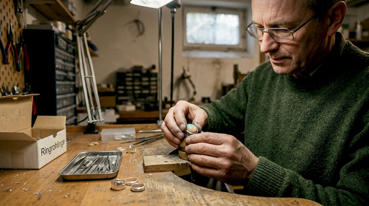 Ein Juwelier setzt einen Opal fachmännisch in eine Ringschiene aus Silber ein.
