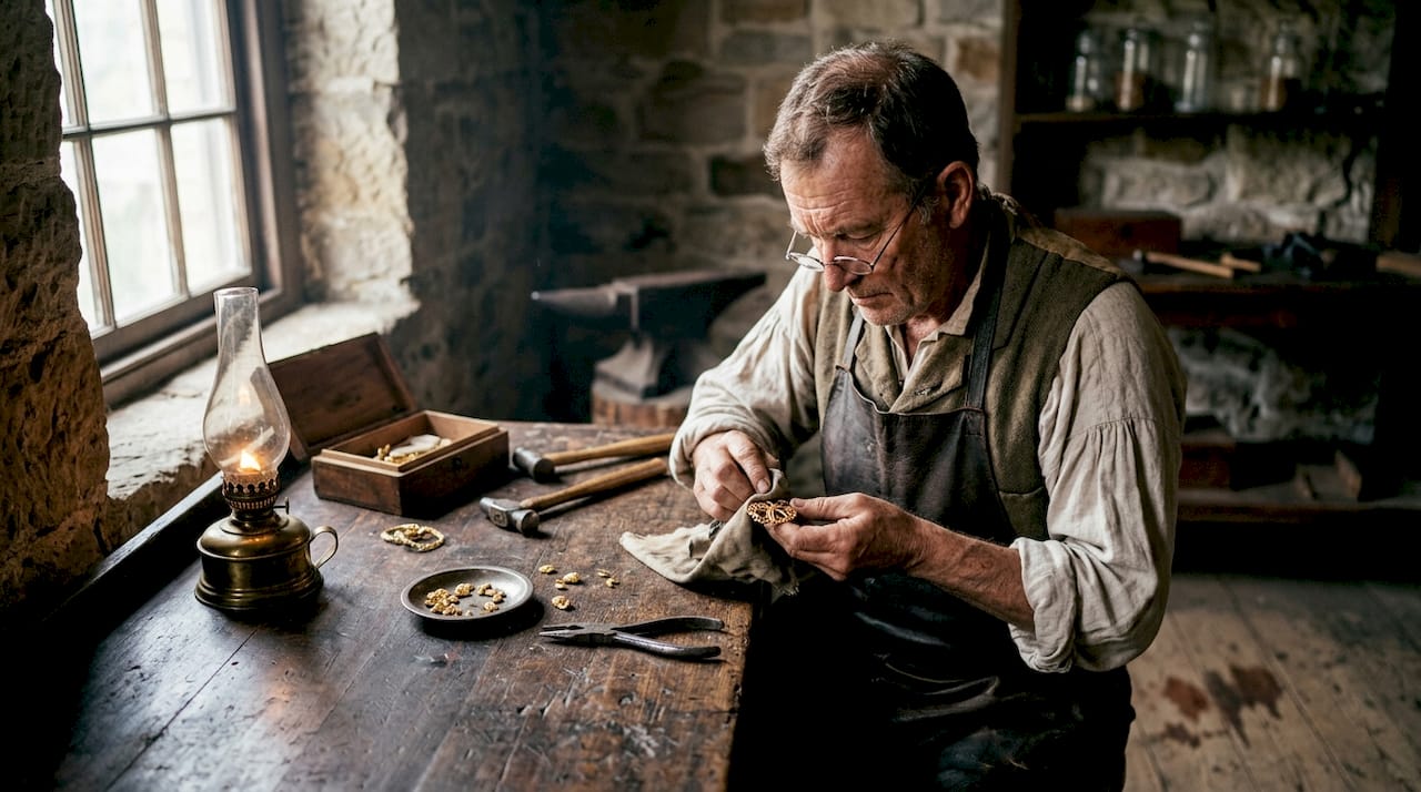 Orfèvre de l’époque coloniale réalisant une broche en or en Australie