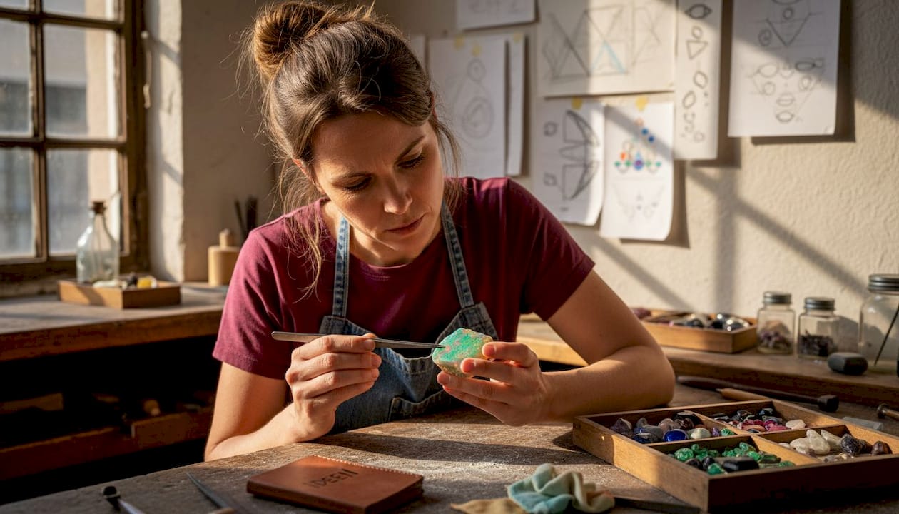 Ein Goldschmied begutachtet einen rohen Opal an seiner Werkbank.