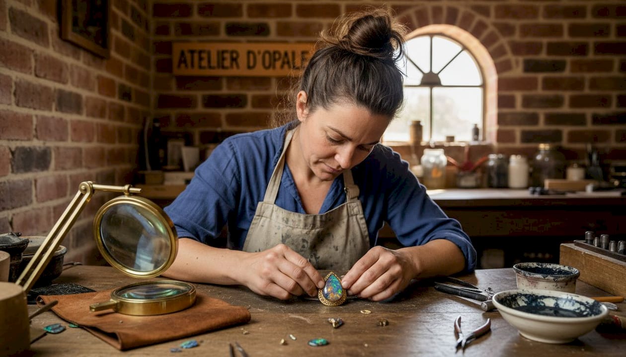 Un artisan façonne avec soin une opale noire pour l’insérer dans un écrin d’or.