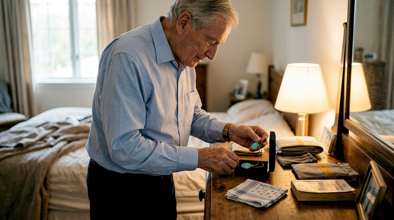 Man storing opal pendant in padded box