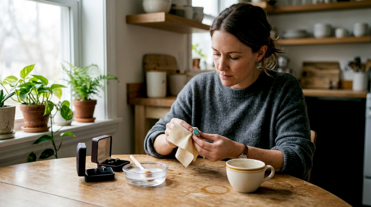 Woman cleaning Australian opal ring at table