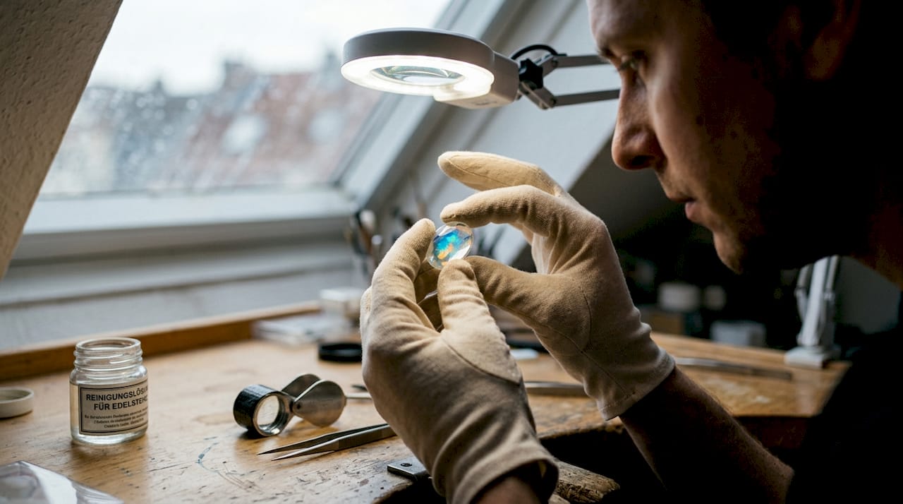 Ein Juwelier begutachtet einen leuchtenden Kristallopal aus nächster Nähe.
