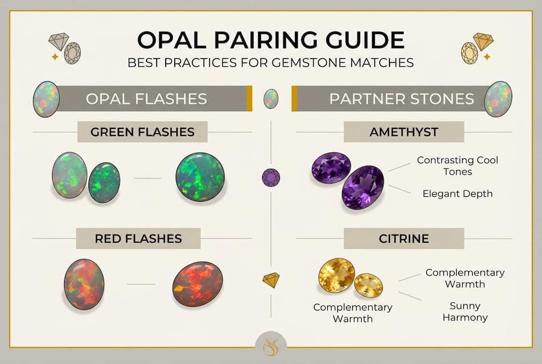 Opal pairing infographic with flashes and stones