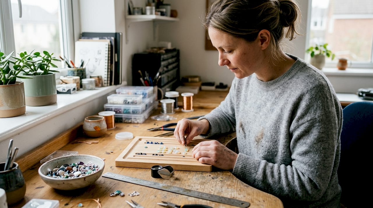 Jewelry designer arranging opal and gemstones