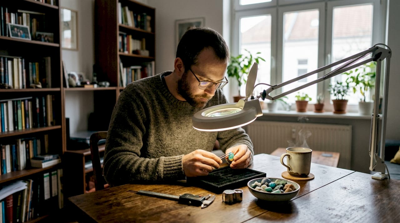 Ein Sammler begutachtet einen Opal am Wohnzimmertisch.