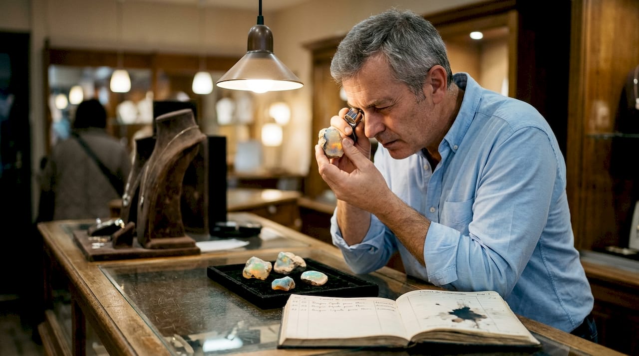 Un bijoutier examine attentivement une opale australienne sur son comptoir.