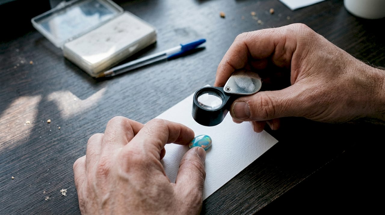 Des mains scrutent une opale à l’aide d’une loupe de gemmologue.