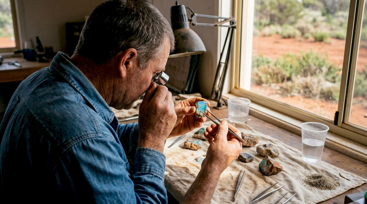 专业鉴定师正在对一块来自澳大利亚的欧泊原石进行细致鉴别。